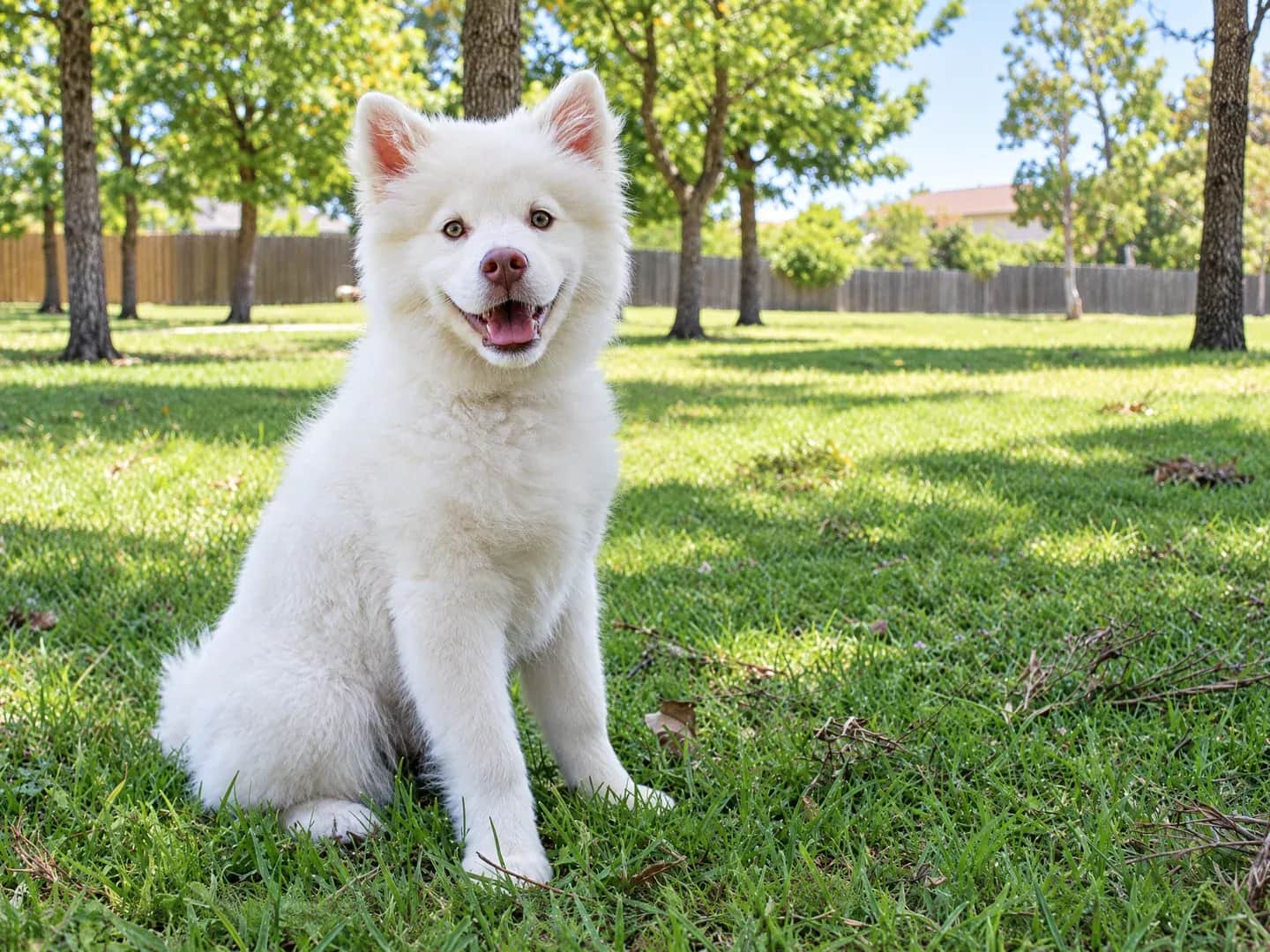 A white dog sitting on a lawn.