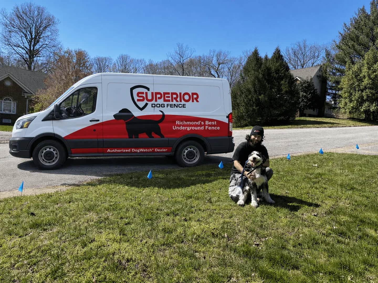 A dog on a lawn beside the Superior van.