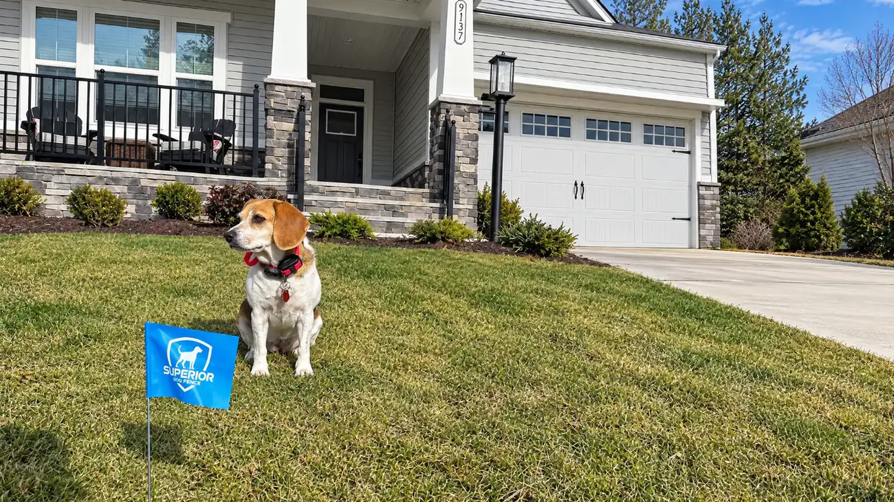 A dog wearing its receiver collar beside a Superior Dog Fence boundary flag, after an underground dog fence installation