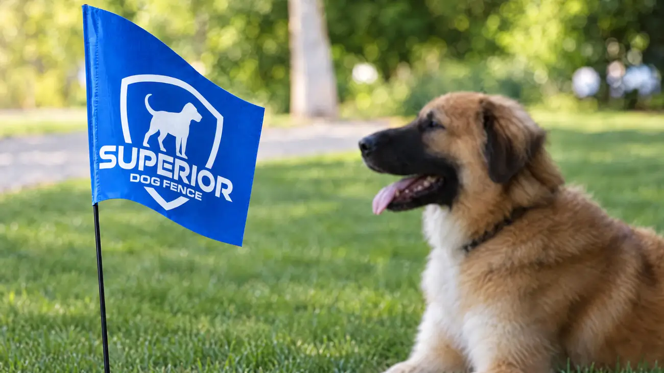 A Superior Dog Fence boundary flag marking the buried wire, with a dog resting inside the boundary.