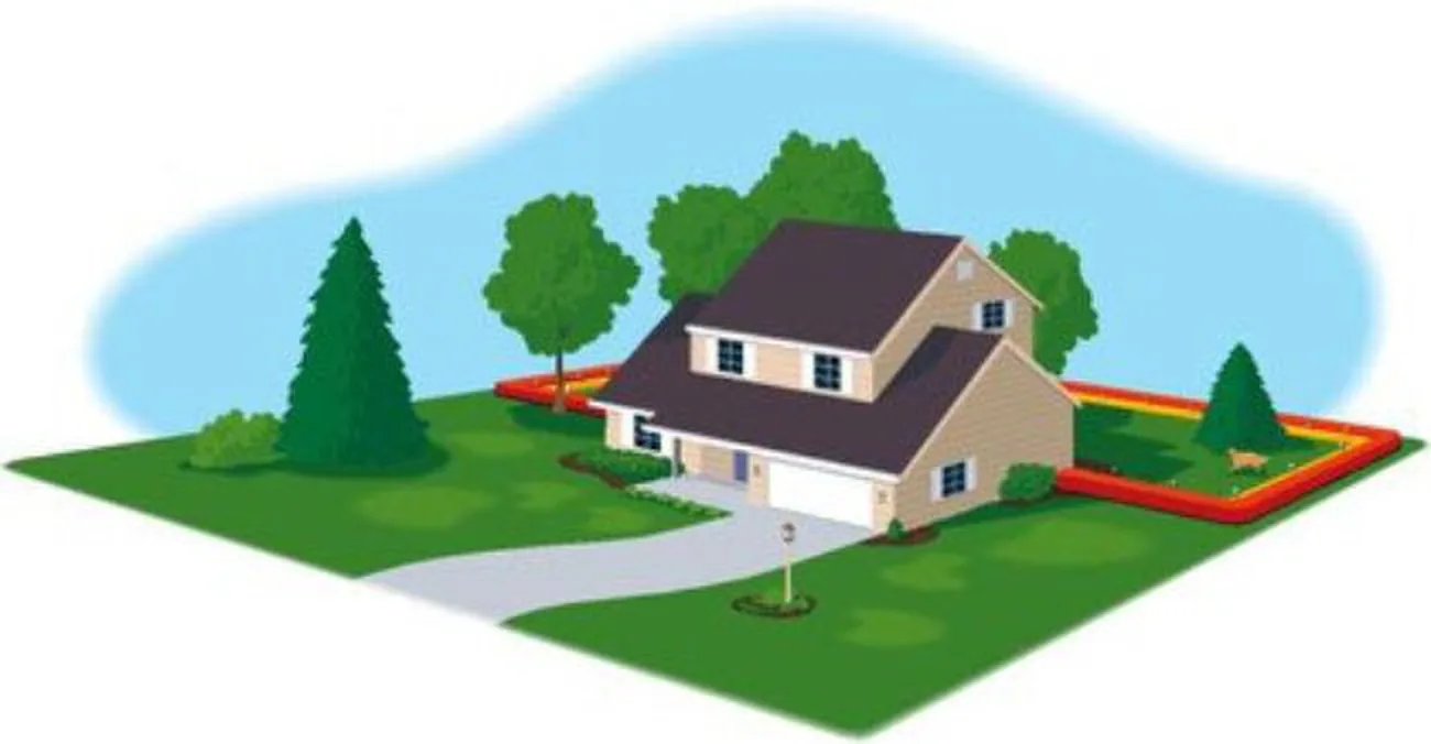 Illustration of a back-yard layout: the boundary wire encloses the rear of the property only and leaves the front lawn outside the boundary.