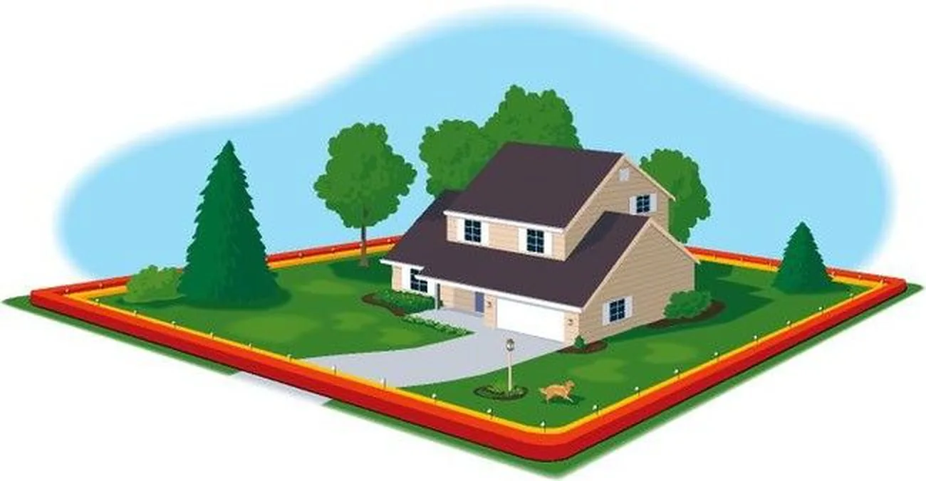 Illustration of a full perimeter layout: the boundary wire follows the whole edge of the property, front and back, with training flags along the line.