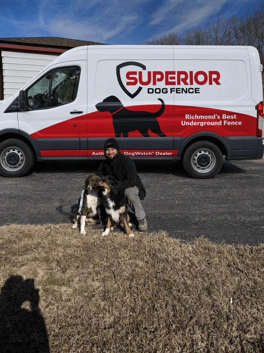 A dog owner kneeling on a lawn with two dogs beside the Superior Dog Fence van