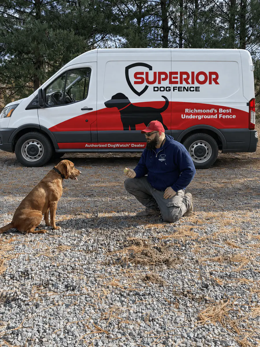 A Superior Dog Fence installer kneeling on a gravel drive beside a Labrador, with the company van behind them