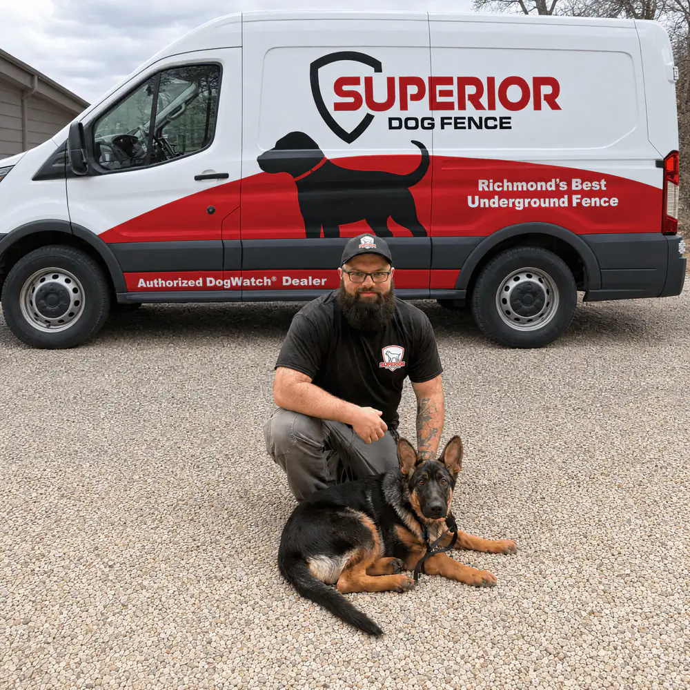 A Superior Dog Fence installer kneeling with a German shepherd puppy lying on the driveway beside the company van.