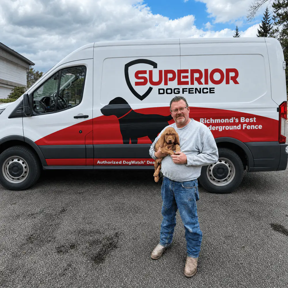 A dog owner holding a small apricot poodle puppy in front of the Superior Dog Fence van.