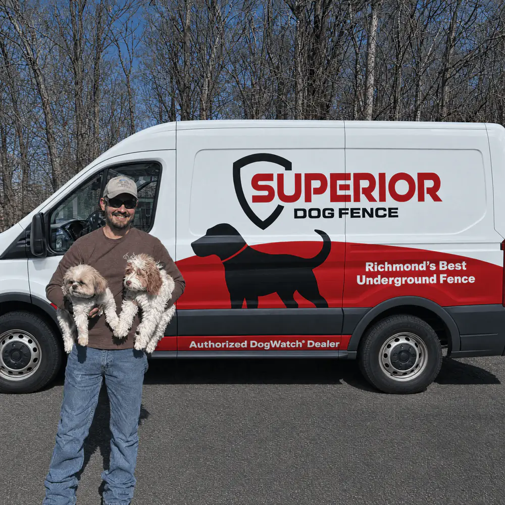 A dog owner holding two small doodle puppies, one in each arm, beside the Superior Dog Fence van.