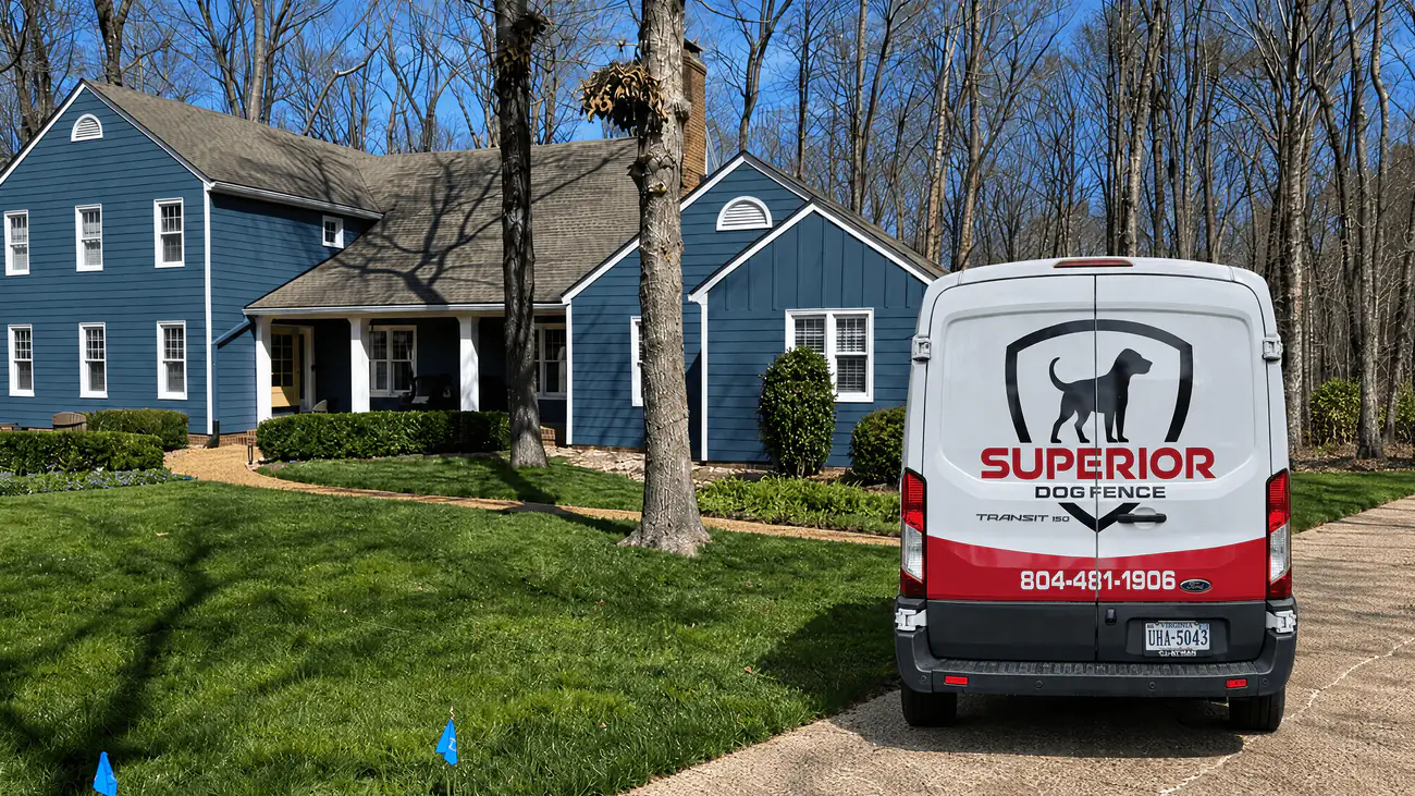The Superior Dog Fence van parked at a blue two-storey home, with a boundary training flag on the front lawn.