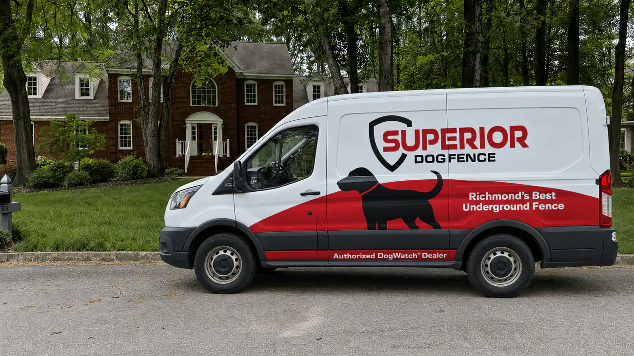 The Superior Dog Fence van parked on the street outside a brick colonial home in a Richmond-area neighborhood.