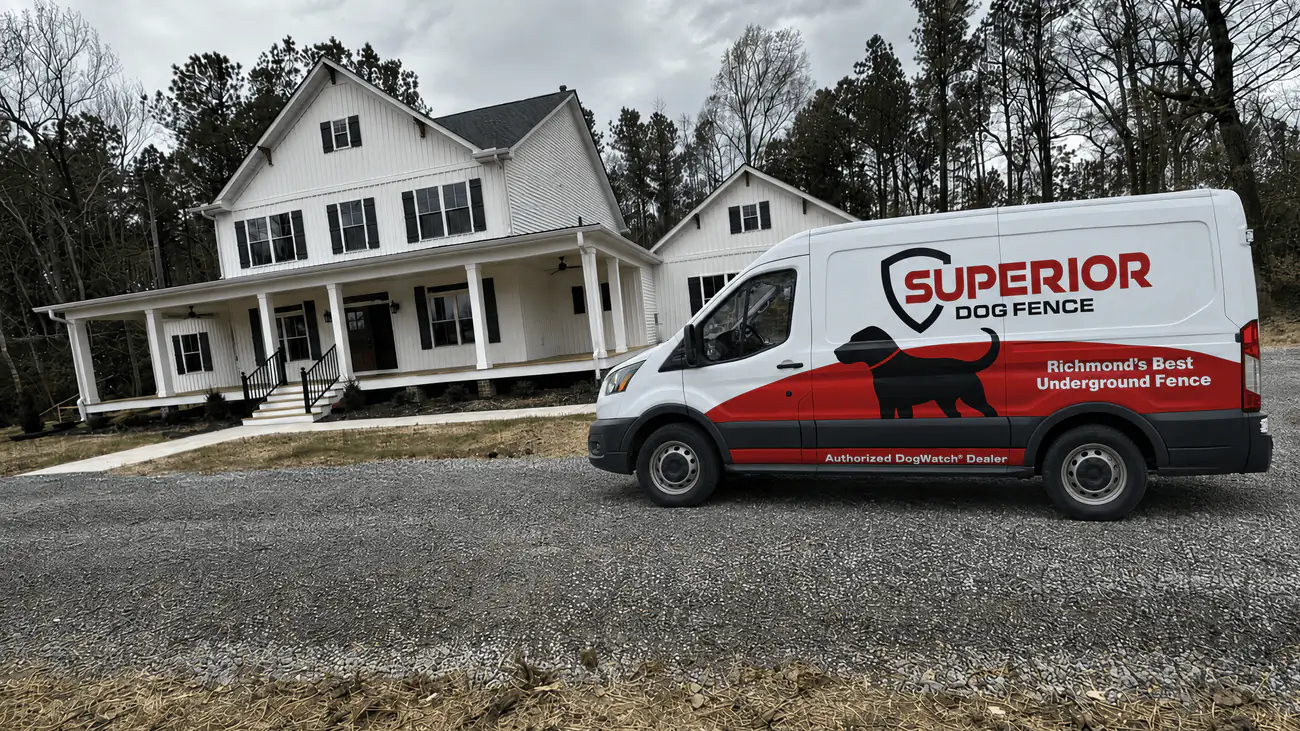 The Superior Dog Fence van parked outside a white farmhouse on an installation day.