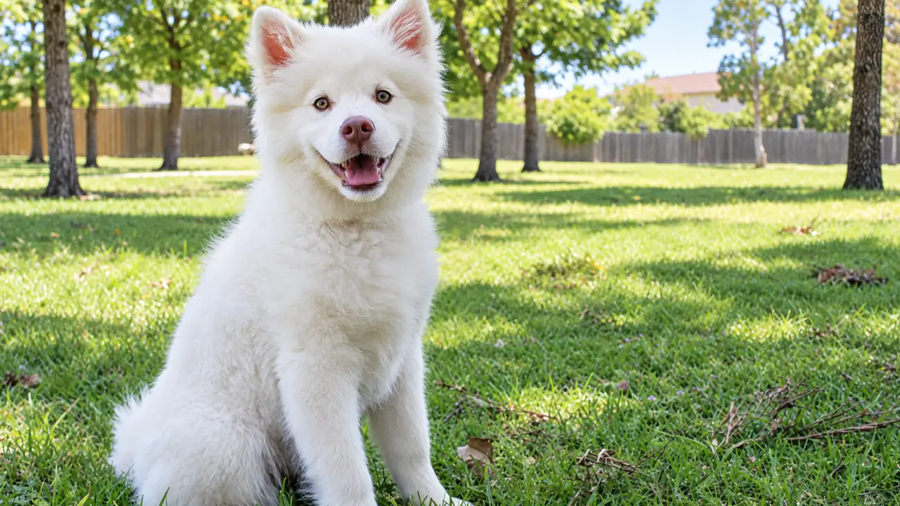A dog sitting calmly in a fenced back yard.